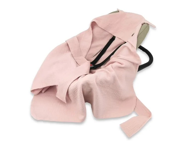 MimiNu, otulacz do wózka, fotelika samochodowego, 90-90 cm, uszka, muślin, pudrowy róż, TOG 0.5-1.0