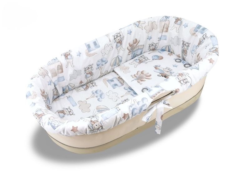 MimiNu, Piloci, zestaw: uniwersalny ochraniacz do gondoli/kosza Mojżesza, materac 35-75 cm, poduszka 33-32 cm, niebieski