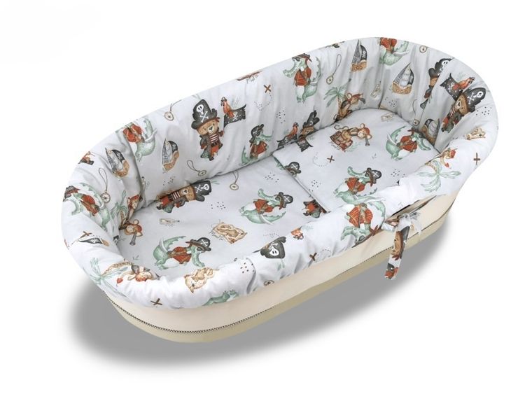 MimiNu, Piraci, zestaw: uniwersalny ochraniacz do gondoli/kosza Mojżesza, materac 35-75 cm, poduszka 33-32 cm, natural