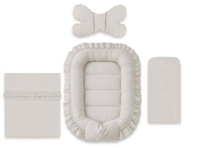 MimiNu, Royal, 4-częściowy zestaw, kokon + kołderka, motylek + materacyk, falbanka, beż