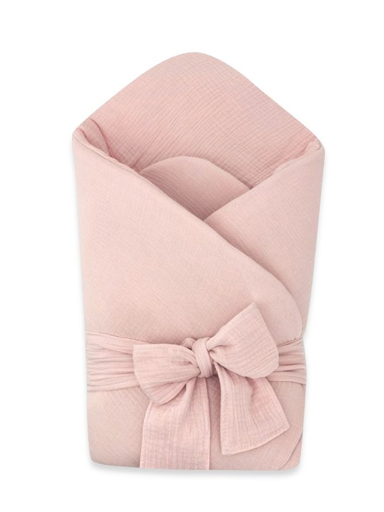 MimiNu, rożek niemowlęcy z kokardą, muślin, pudrowy róż