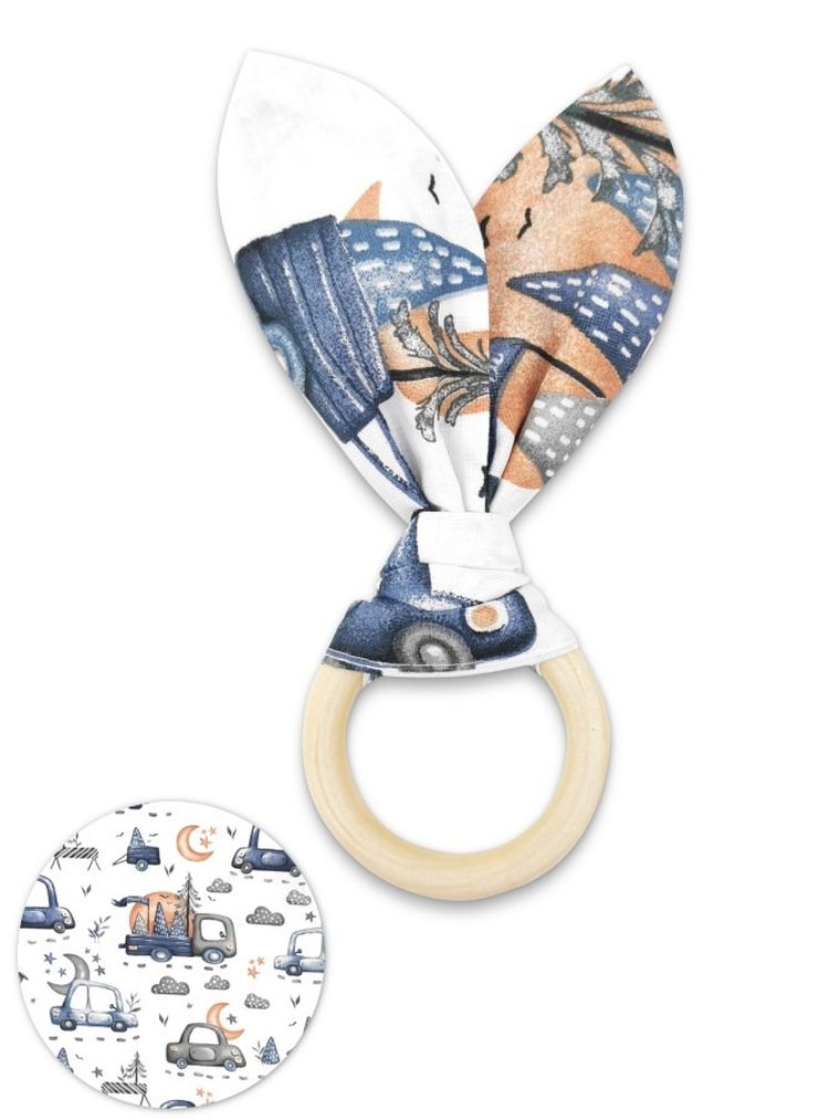 MimiNu, Samochodziki Niebieskie, Bunny, drewniany, ekologiczny gryzak sensoryczny