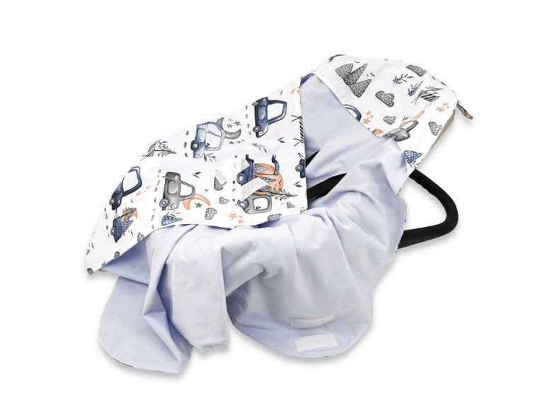 MimiNu, Samochodziki Niebieskie, otulak, śpiworek do fotelika, jersey, 90-90 cm