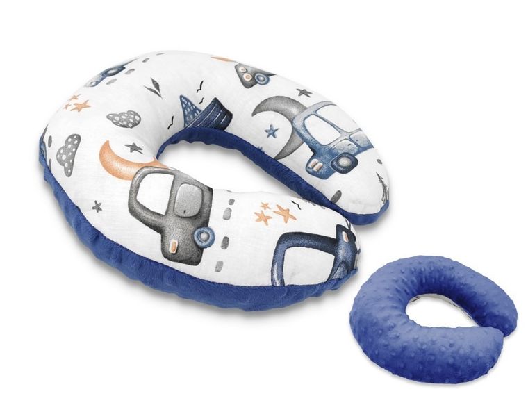 MimiNu, Samochodziki Niebieskie, poduszka, rogal podróżny, Minky, błękit