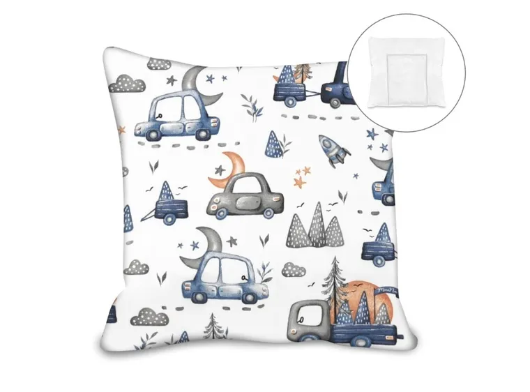 MimiNu, Samochodziki Niebieskie, poduszka z poszewką, 40-40 cm