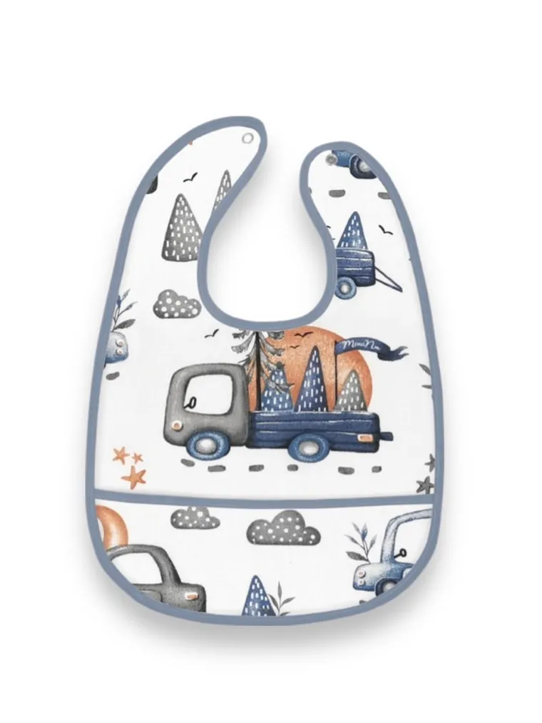 MimiNu, Samochodziki Niebieskie, śliniak dla przedszkolaka z kieszonką, wodoodporny