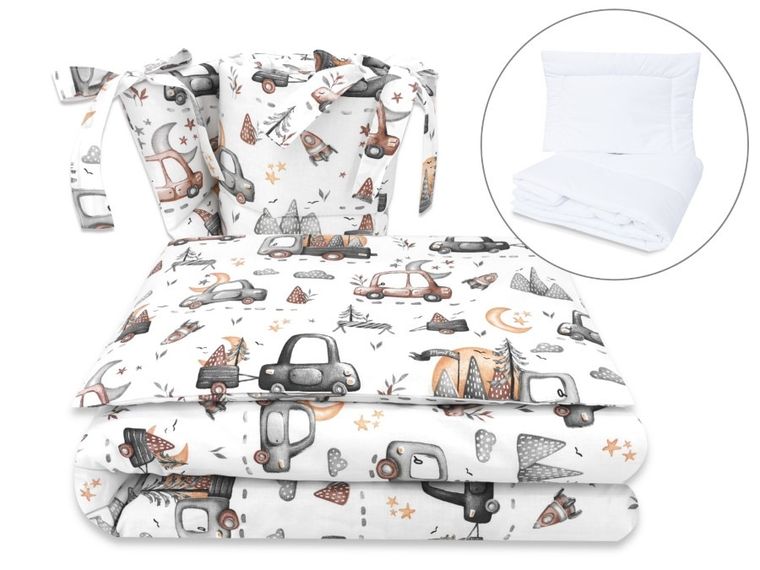 MimiNu, Samochodziki Szare, 5-częściowy komplet pościeli, 100-135 cm