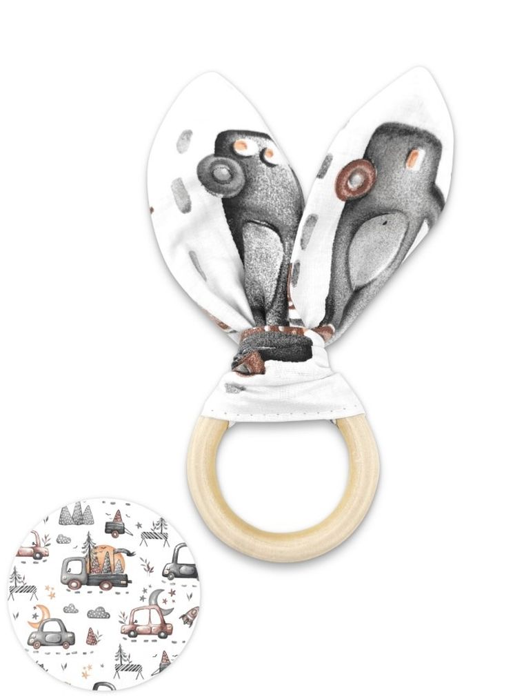 MimiNu, Samochodziki Szare, Bunny, drewniany, ekologiczny gryzak sensoryczny