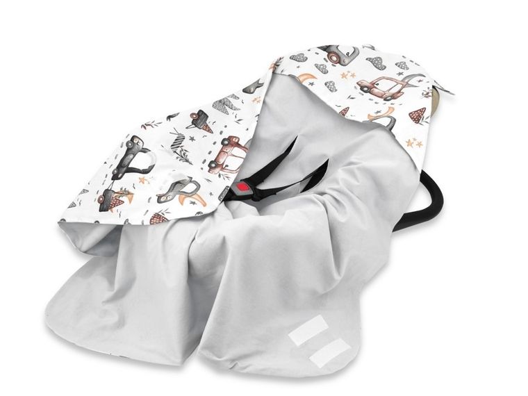 MimiNu, Samochodziki Szare, otulak, śpiworek do fotelika, jersey, 90-90 cm