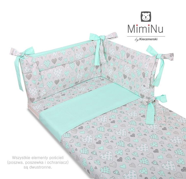 MimiNu, Serca, 3-częściowy komplet pościeli, mięta, 100-135 cm
