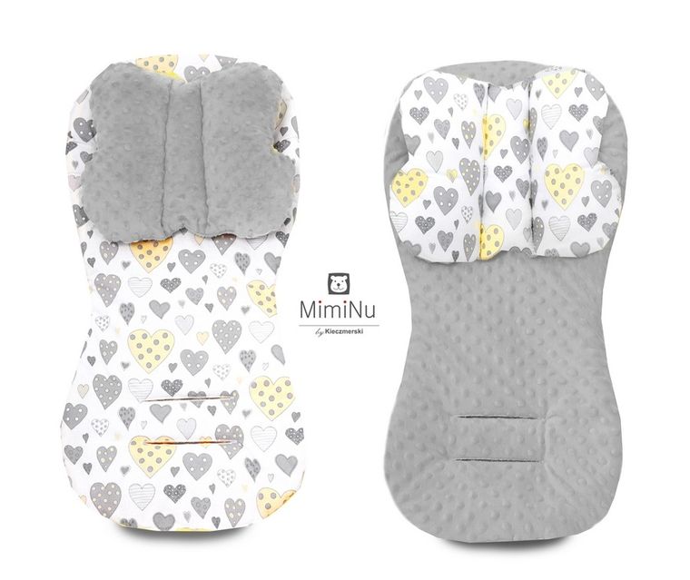MimiNu, Serca, Minky, komplet: wkładka do wózka + poduszka motylek, szary, cytryna