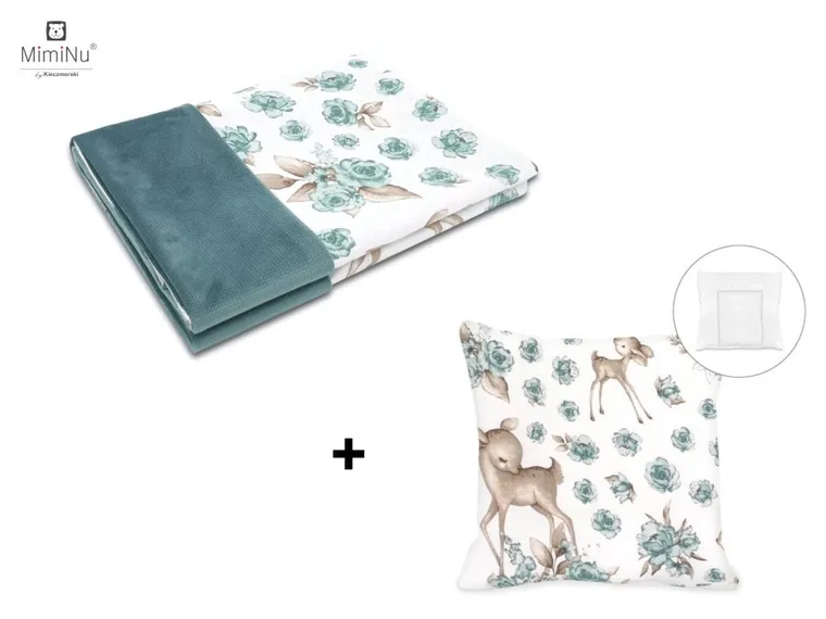 MimiNu, Słodka Sarenka, zestaw: koc + poduszka z poszewką, velvet, mięta, 75-100 cm
