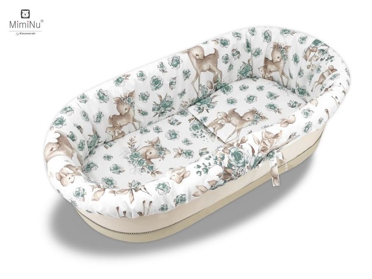 MimiNu, Słodka Sarenka, zestaw: uniwersalny ochraniacz do gondoli/kosza Mojżesza, materac 35-75 cm, poduszka 33-32 cm, mięta