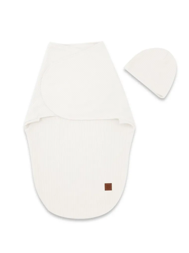 MimiNu, Soft, Leo, komplet: otulaczek do spania + czapeczka, śmietanka, 0-3m