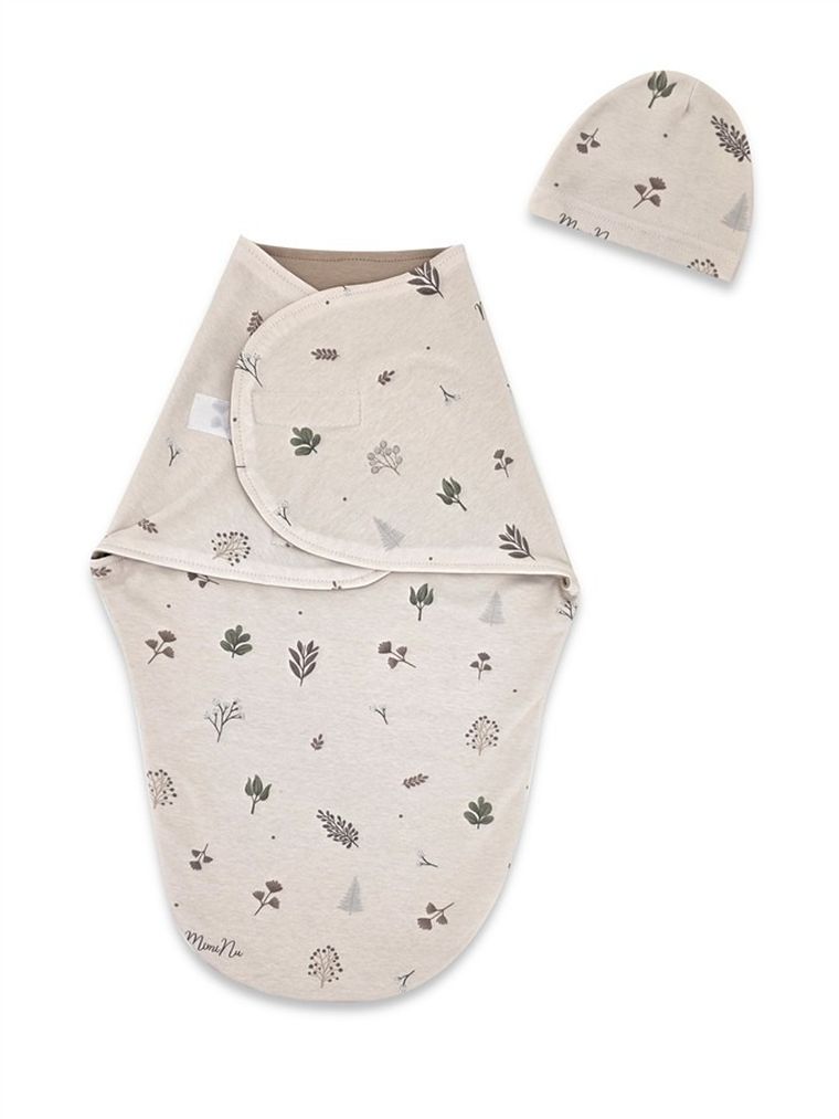 MimiNu, Soft, Leo, komplet: śpiworek + czapeczka, listki, TOG 0.5, 0-3 m