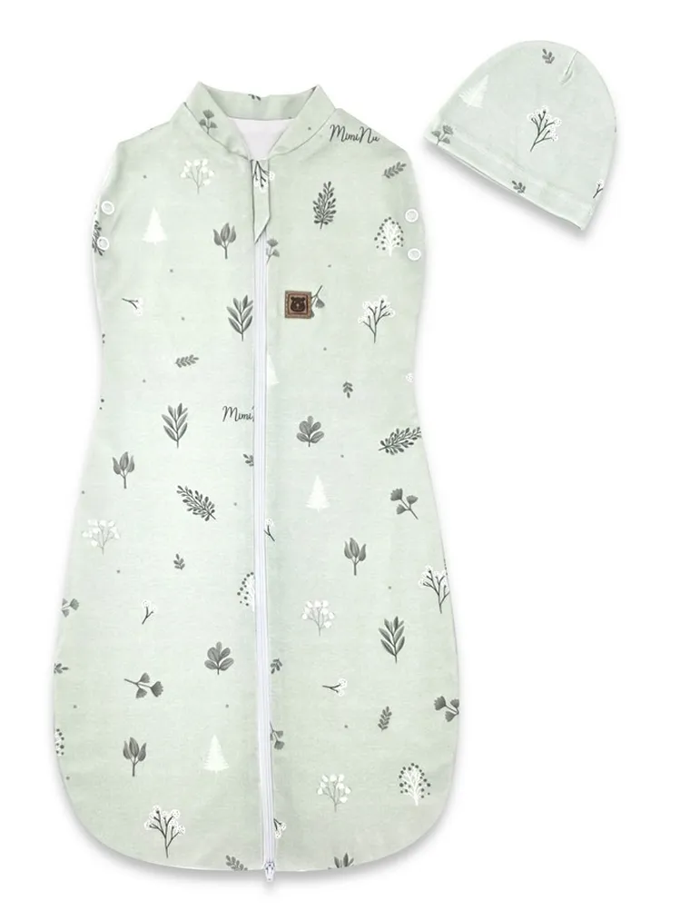 MimiNu, Soft, Teddy, Listki, otulaczek, śpiworek z czapeczką, 2w1, szałwia-śmietanka, TOG 1, 0-3m