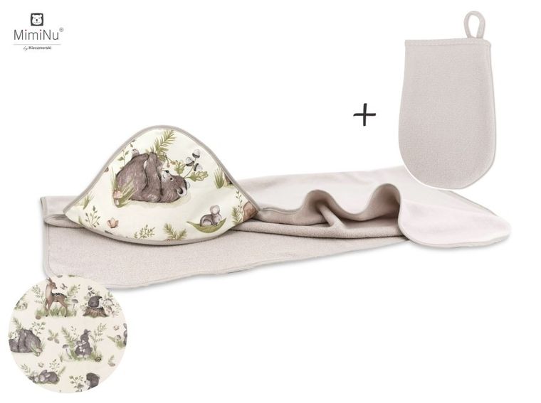 MimiNu, Spokojny Las, okrycie kąpielowe, termofrotte + myjka, natural, 100-100 cm