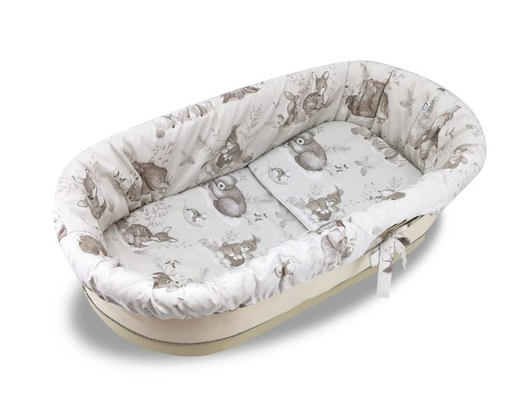 MimiNu, Spokojny Las, zestaw: uniwersalny ochraniacz do gondoli/kosza Mojżesza, materac 35-75 cm, poduszka 33-32 cm, beż
