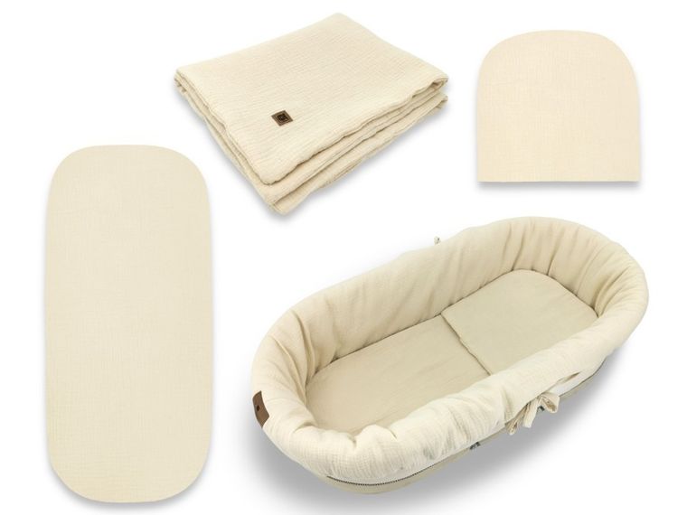 MimiNu, zestaw do gondoli, kosza Mojżesza, muślin, ciepły beż
