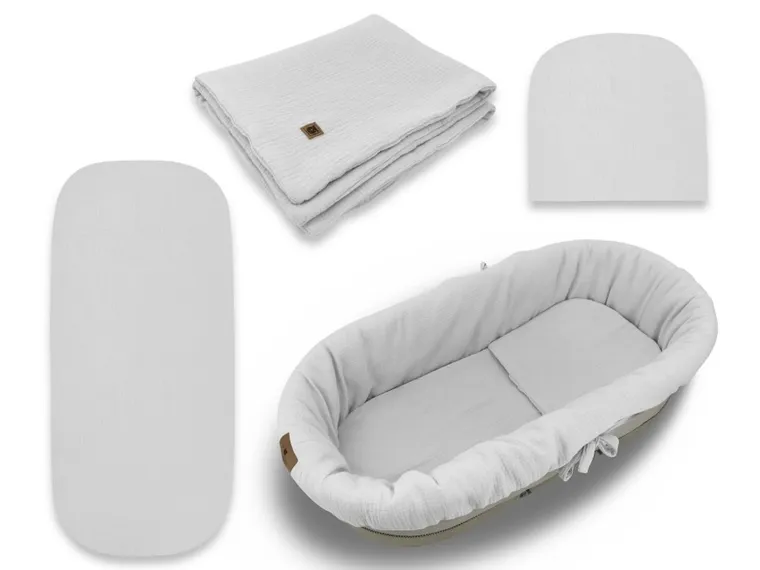 MimiNu, zestaw do gondoli, kosza Mojżesza, muślin, szary