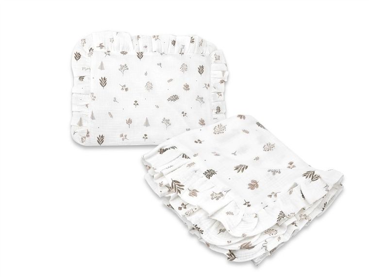 MimiNu, zestaw: muślinowy kocyk, 60-70 cm + poduszka z poszewką, 40-30, listki beż