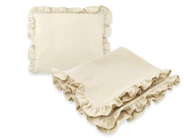 MimiNu, zestaw z falbanką, kocyk 75-100 cm, muślin, ciepły beż