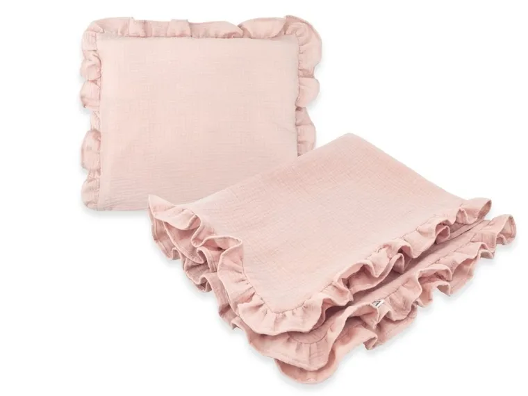 MimiNu, zestaw z falbanką, kocyk 75-100 cm, muślin, pudrowy róż