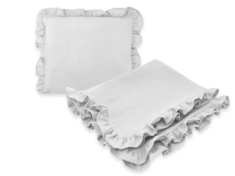 MimiNu, zestaw z falbanką, kocyk 75-100 cm, muślin, szary