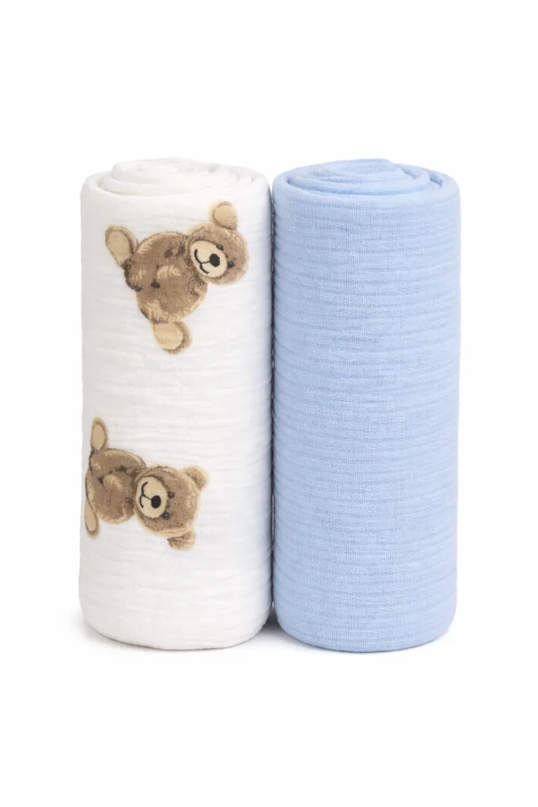 MiniAnia, pieluszki muślinowe, kreszowane, miś + niebieski, 60-75 cm, 2 szt.