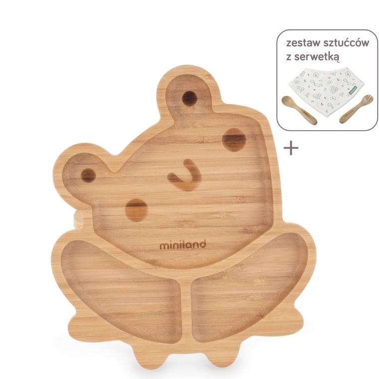 Miniland, Żabka, ECO-friendly, drewniany talerzyk z przyssawką i przegródkami do karmienia metodą BLW