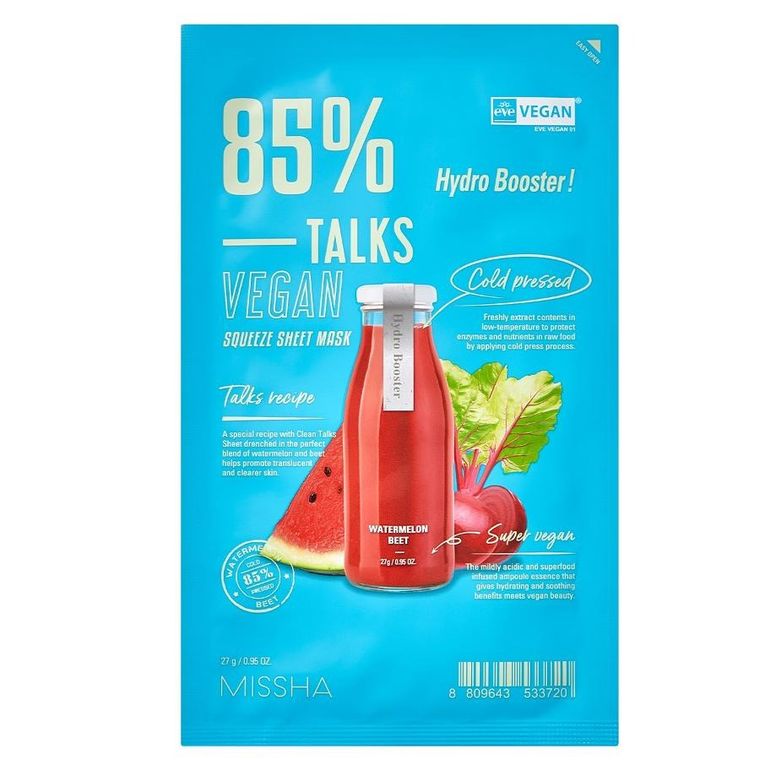 Missha, Talks Vegan Squeeze Sheet Mask, nawadniająca maseczka w płachcie dla zmęczonej skóry, Hydro Booster, 27g