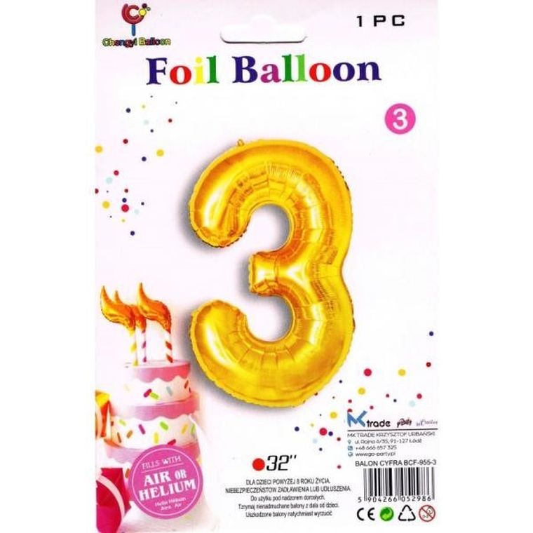 MK Trade, balon foliowy, cyfra 3, złoty, 81 cm