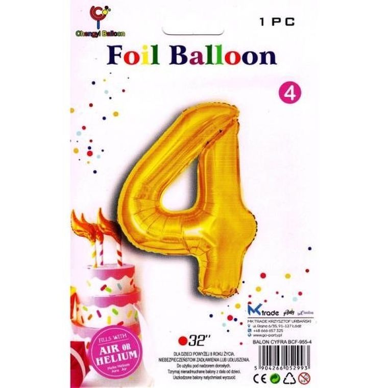 MK Trade, balon foliowy, cyfra 4, złoty, 81 cm