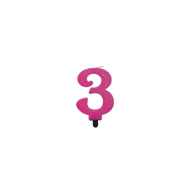 MK Trade, świeczka urodzinowa, cyfra 3, różowa z brokatem