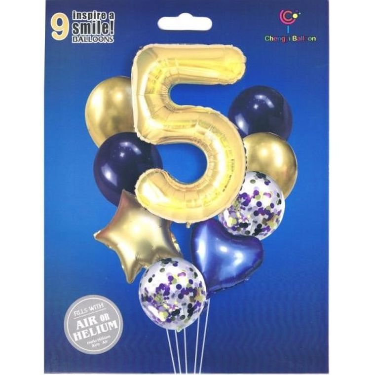 MK Trade, zestaw balonów z cyfrą 5, 40-60 cm, 9 szt.