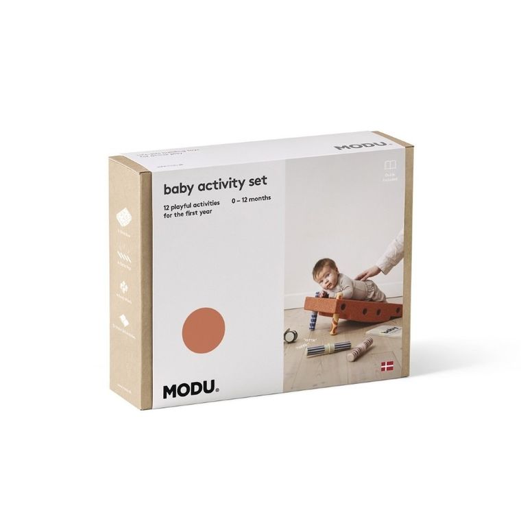 Modu, Baby Activity Set, zestaw klocków aktywizujących z funkcją jeździka, Burnt Orange/Dusty Green