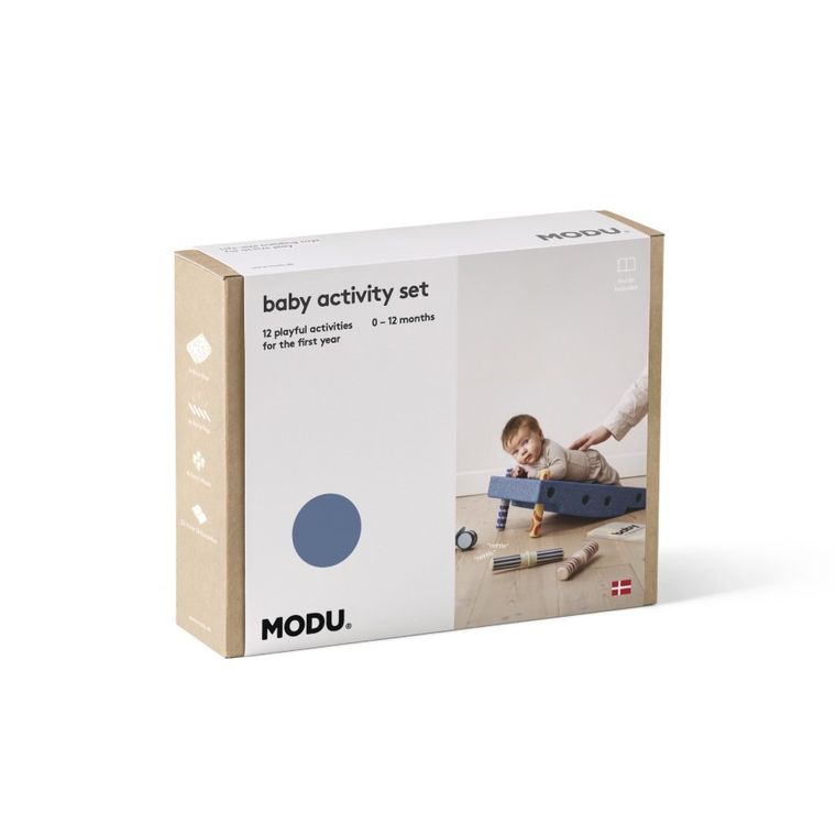 Modu, Baby Activity Set, zestaw klocków aktywizujących z funkcją jeździka, Deep Blue/Sky Blue
