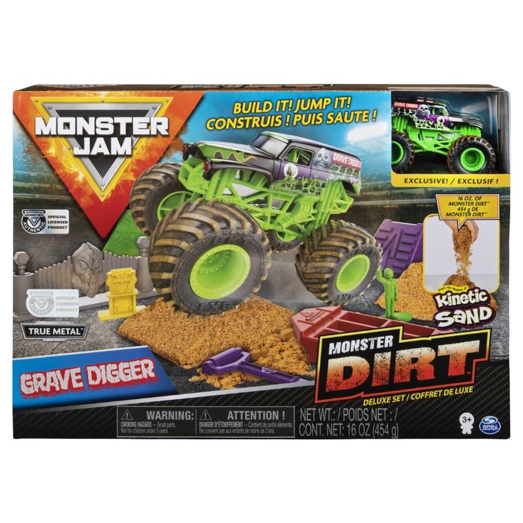 Monster Jam, Dirt Grave Digger, Monster Truck i piasek kinetyczny, zestaw, skala 1:64