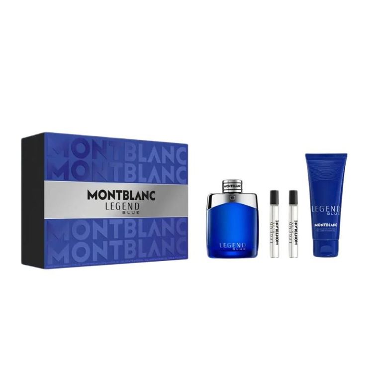 Mont Blanc, Legend Blue, zestaw: woda perfumowana, spray, 100 ml + woda perfumowana, 7.5 ml + woda perfumowana, spray, 7.5 ml + żel pod prysznic, 100 ml