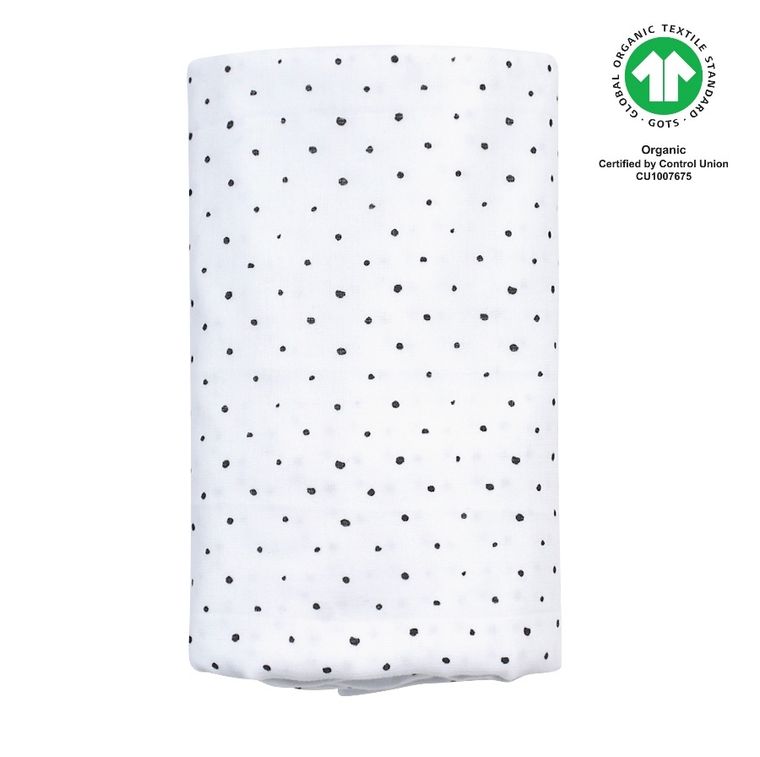 Motherhood, ECO Kropeczki Czarne, otulacz muślinowy XXL, 130-130 cm