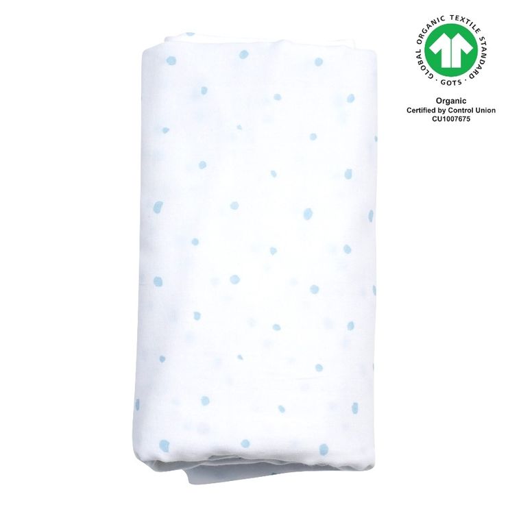 Motherhood, ECO Kropeczki Niebieskie, otulacz muślinowy XXL, 130-130 cm