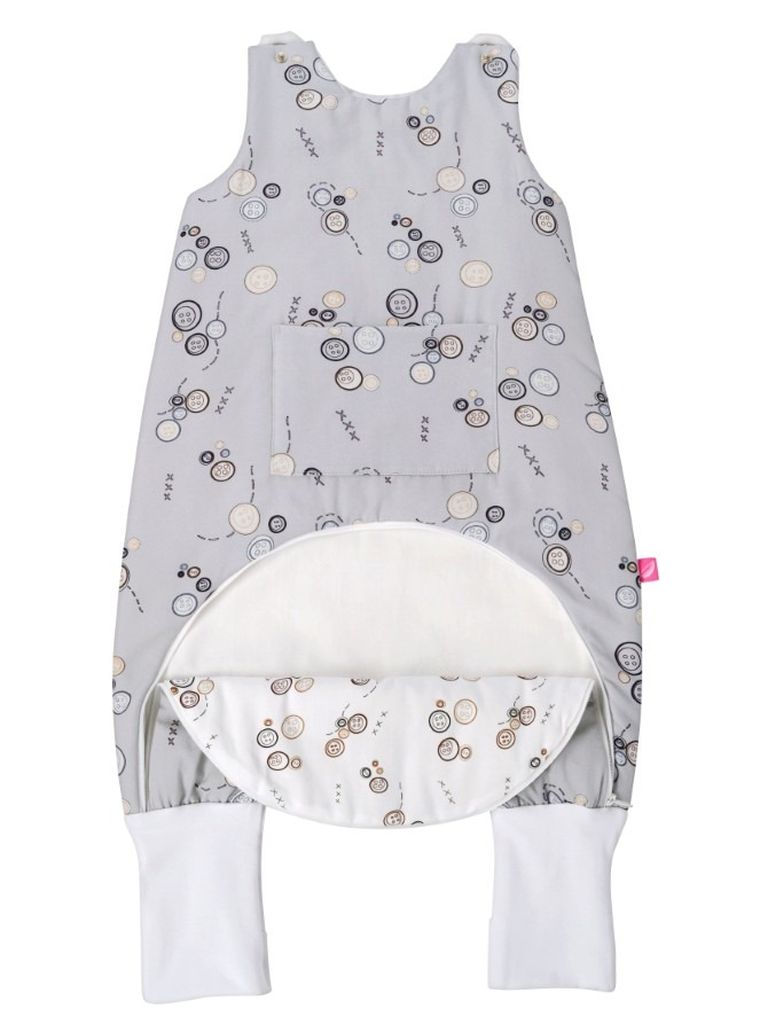 Motherhood, ocieplany śpiworek z nogawkami i kieszonką, TOG 2, szare guziki, 12-18m