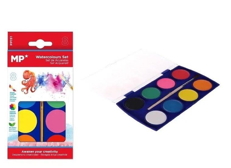 MP Main Paper, farba akwarelowa z pędzelkiem, 8 kolorów