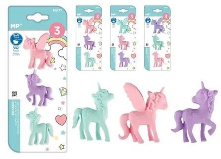MP Main Paper, gumka kolorowa do ścierania, jednorożec, 3 szt.