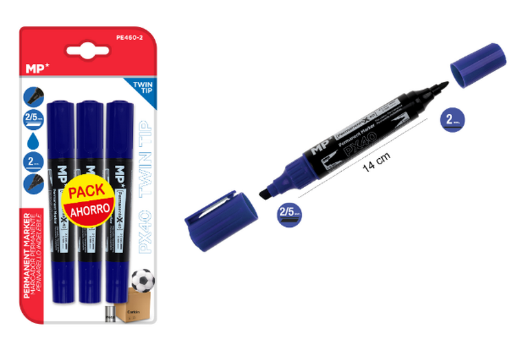 MP Main Paper, markery permanentne, podwójna końcówka w kolorze niebieskim, 3 szt.