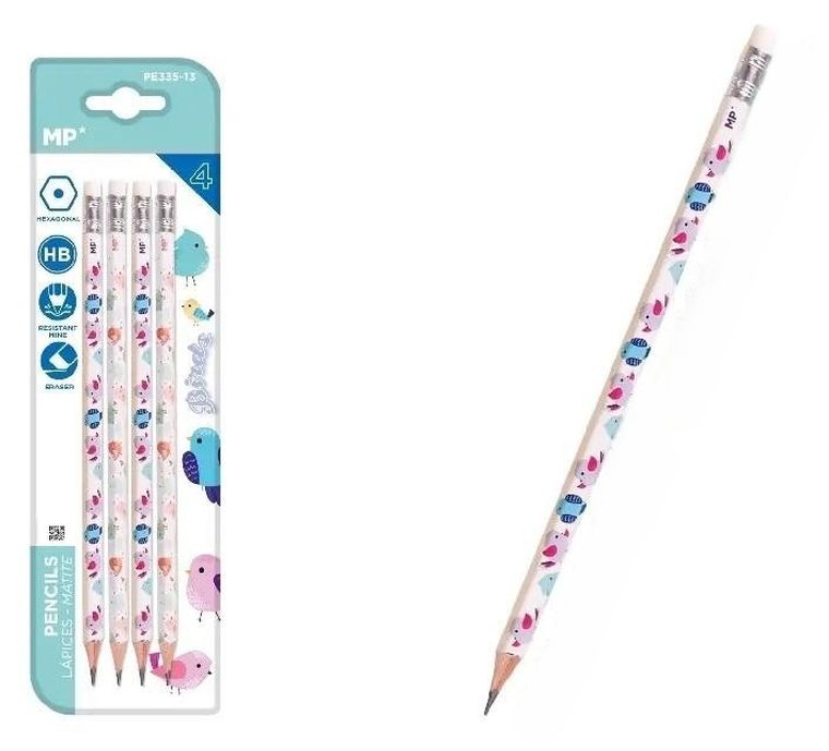 MP Main Paper, ołówek z gumką HB, Ptaki, 4 szt.