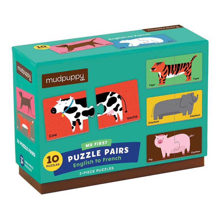 Mudpuppy, puzzle dwujęzyczne ze zwierzątkami do nauki pierwszych słów, angielski/francuski, 20 elementów
