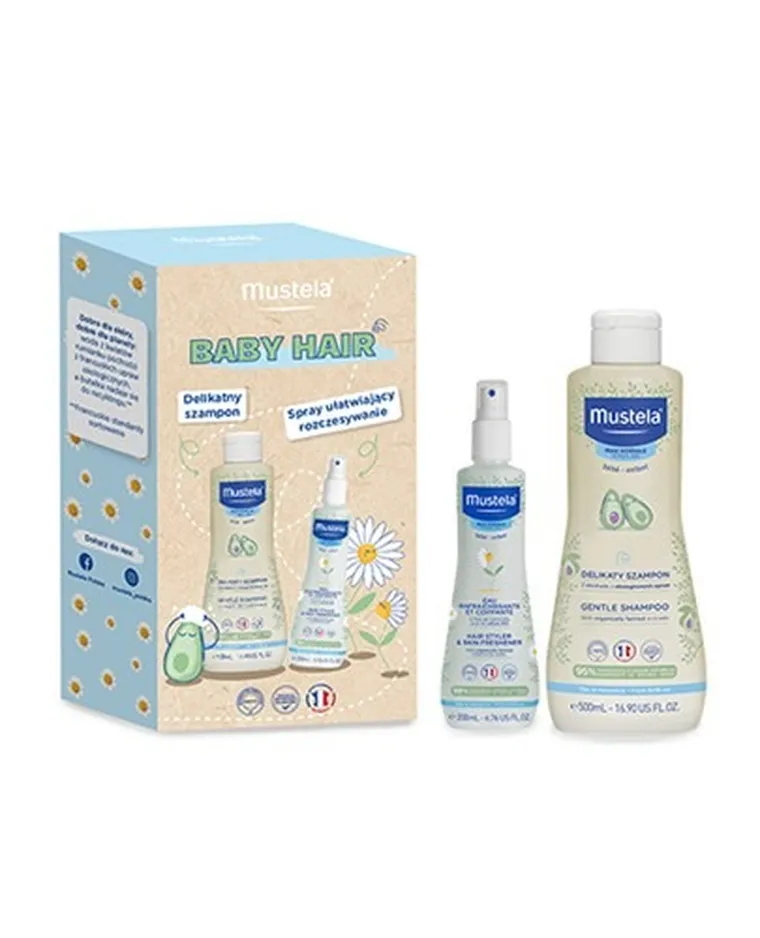 Mustela, Baby Hair, zestaw: delikatny szampon, 500 ml + odświeżający spray do włosów, 200 ml