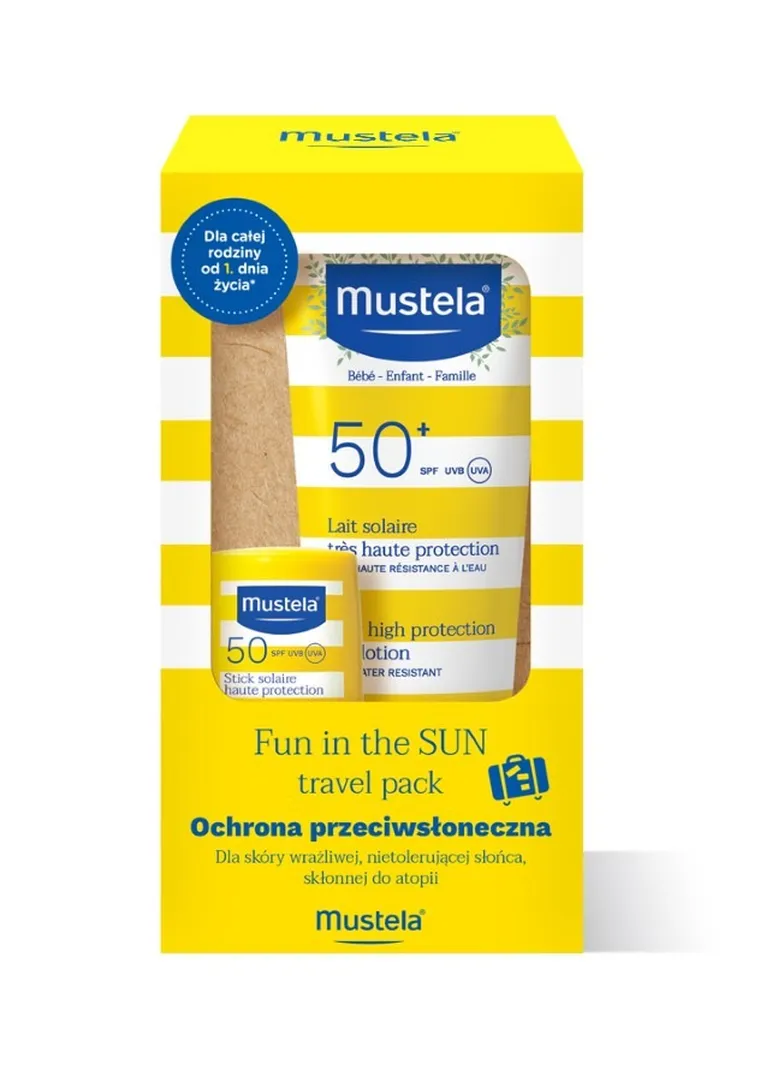 Mustela, Fun in the sun, travel pack, zestaw: sztyft, SPF 50, 9 ml + krem, SPF 50, 40 ml
