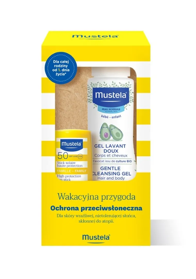 Mustela, Wakacyjna przygoda, zestaw: sztyft, SPF 50, 9 ml + Delikatny żel, 100 ml